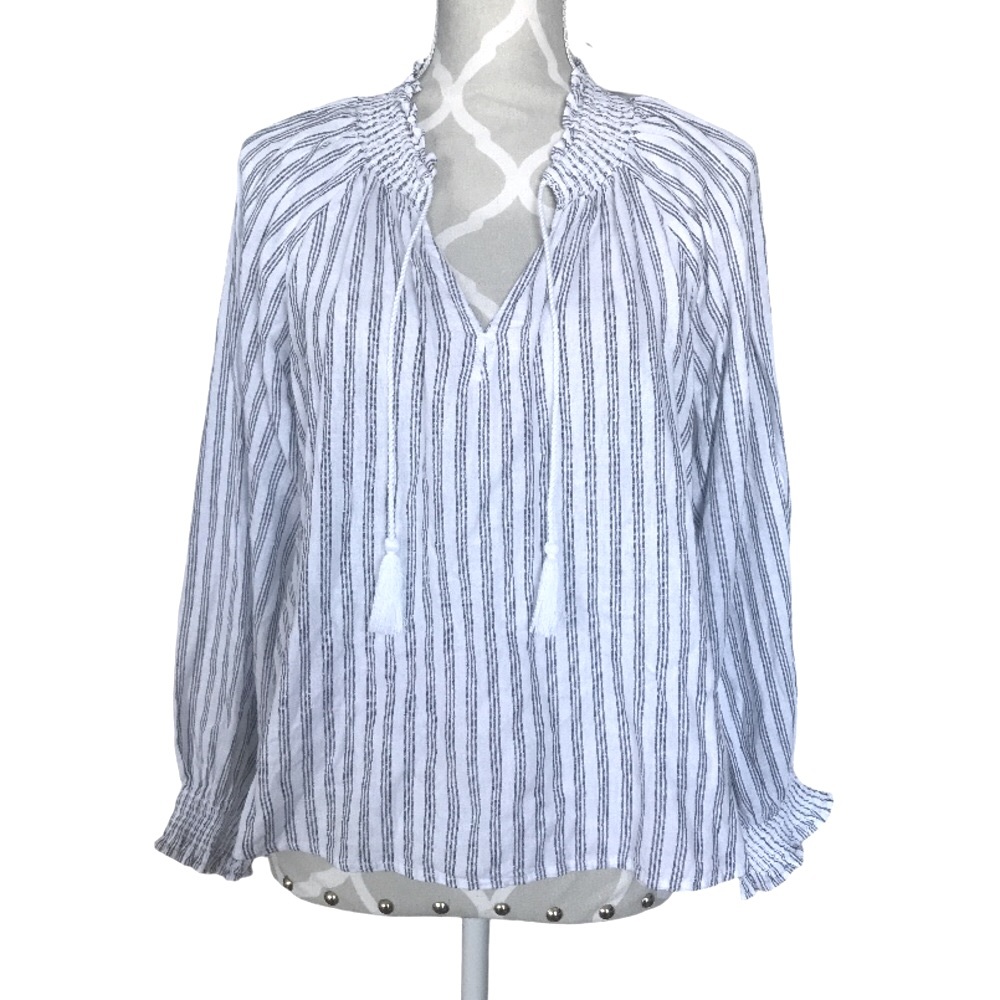 💕 Old Navy Black White Striped Linen Blend Blouse Peasant Sleeves Small